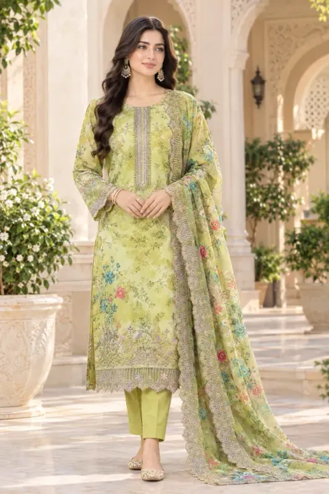 Lime Green Soft Cotton Digital Print Embroidered 3-Piece Salwar Kameez