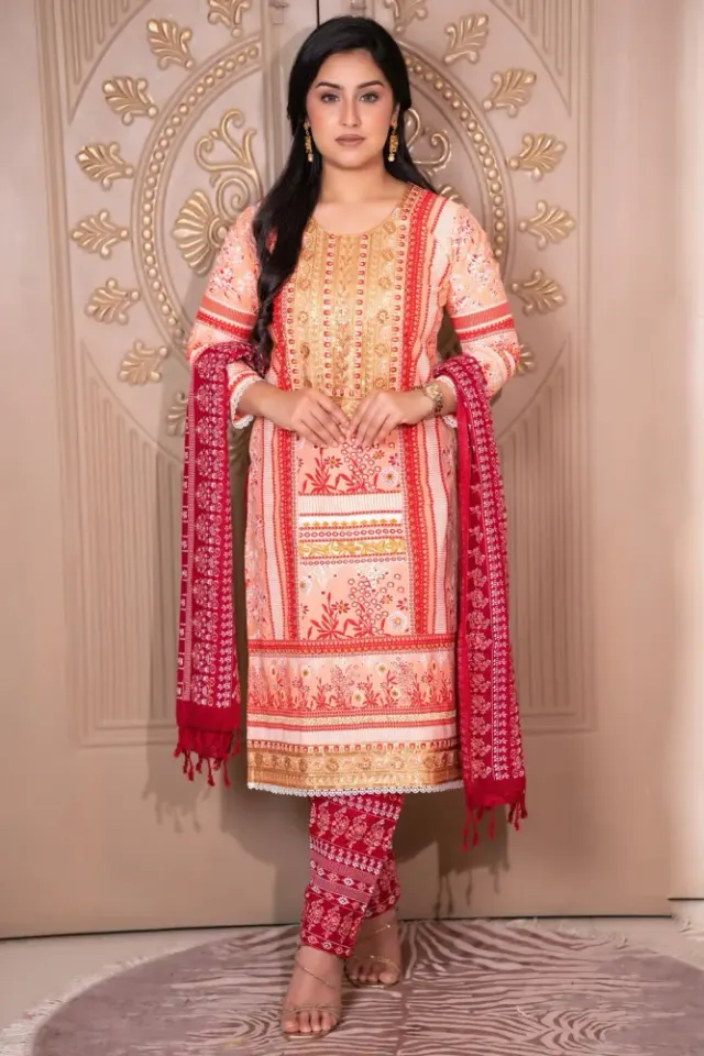 Noor Elegance Rewan Cotton Three Piece Set - Shopemart