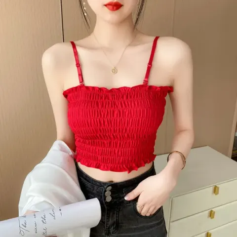 Red Mini Tops Bra – Stretchy Smocked Crop Camisole for Women