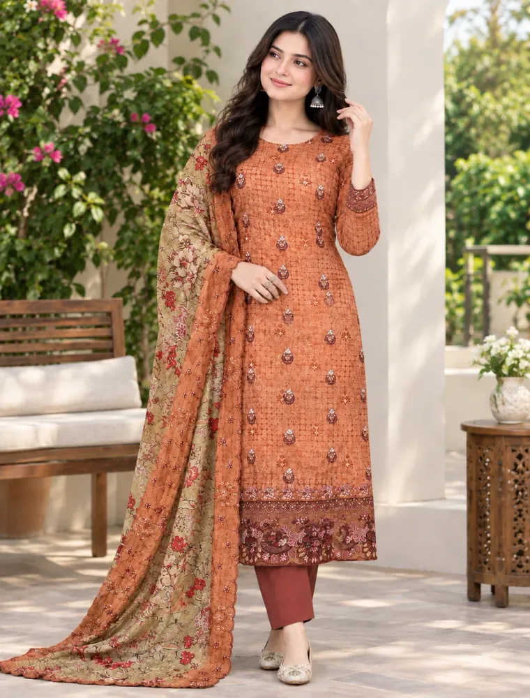Rust Orange Soft Cotton Digital Print Embroidered & Sequin Work 3-Piece Salwar Kameez
