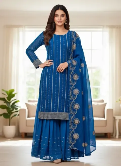 Embroidered Georgette Sharara Suit Set - Shopemart 1