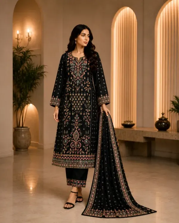 Black Embroidered Star Georgette 4-Piece Dress for Women
