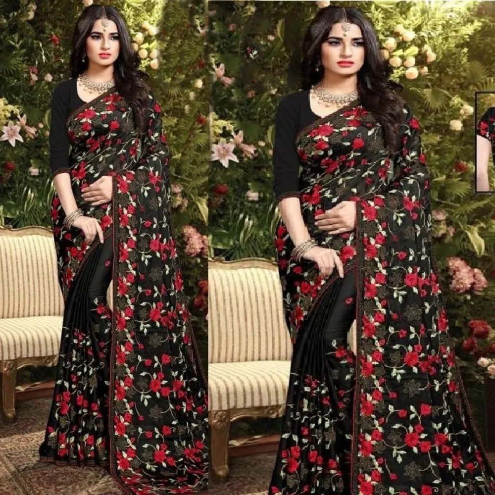 Black & Red Floral Embroidered Georgette Saree