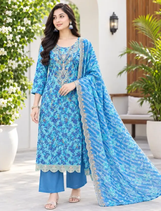 Sky Blue Soft Cotton Digital Print Embroidered 3-Piece Salwar Kameez