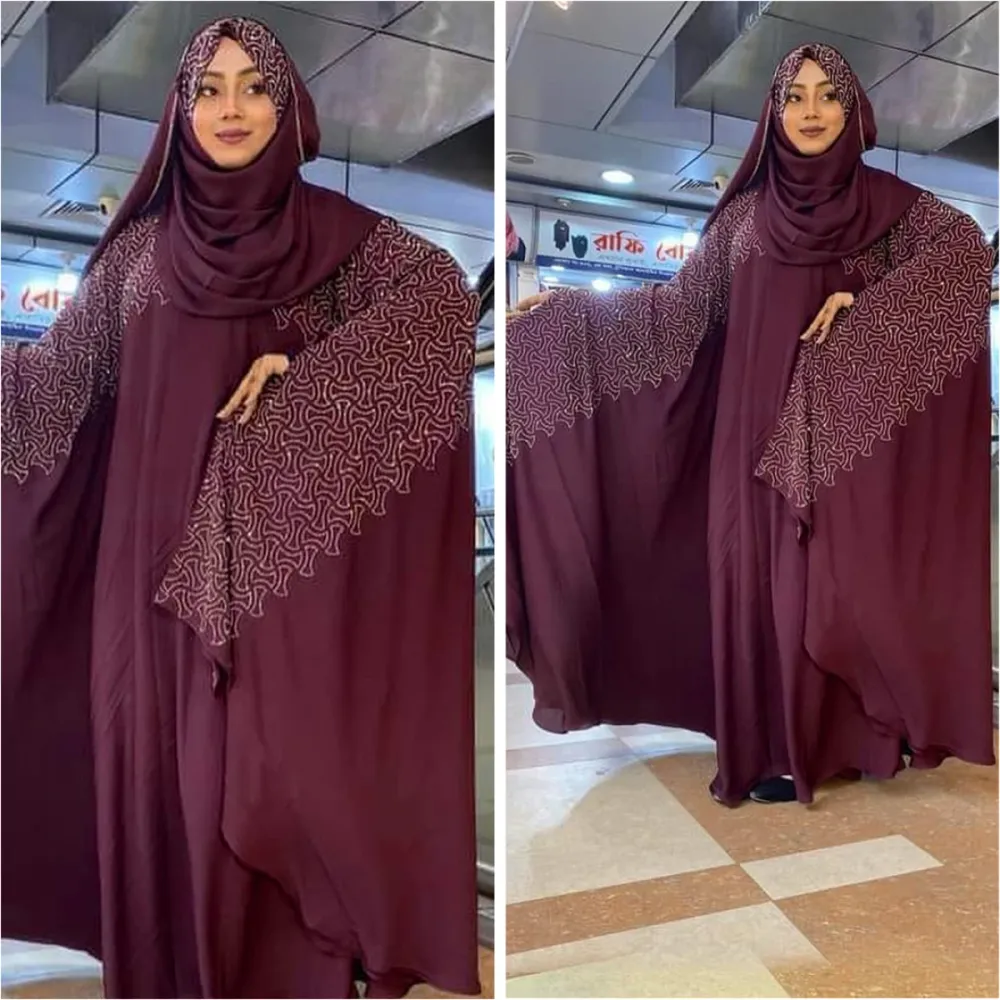 Plum Stone Work Butterfly Irani Abaya Borka