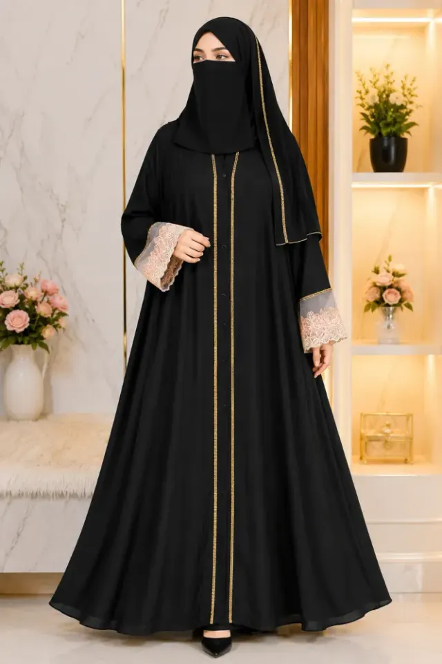 Premium Dubai Cherry Fabric Double Layer Front Open Borka with Inner & Hijab - Shopemart 1
