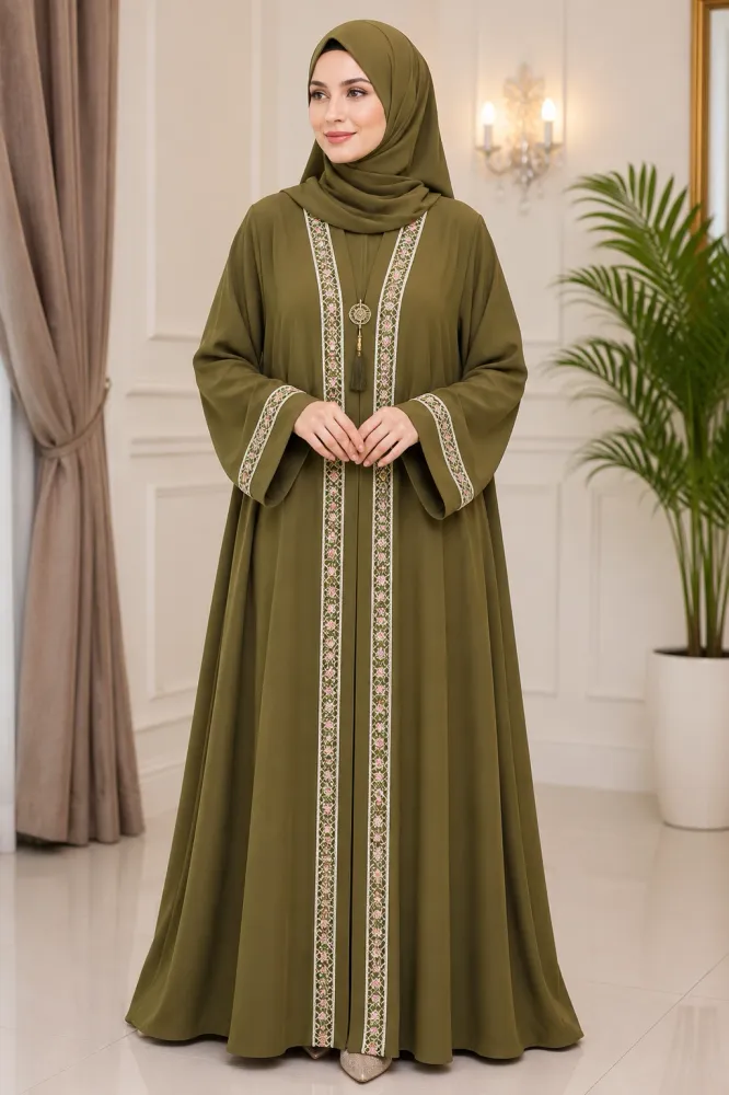 Premium Zafran Fabric Embroidered & Sequin Single Layer Abaya with Matching Hijab - Shopemart