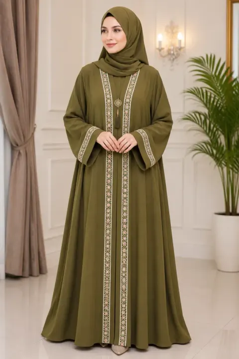 Premium Zafran Fabric Embroidered & Sequin Single Layer Abaya with Matching Hijab - Shopemart