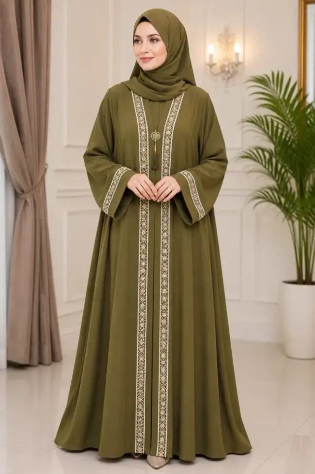 Premium Zafran Fabric Embroidered & Sequin Single Layer Abaya with Matching Hijab - Shopemart