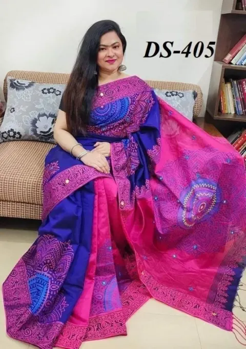 Royal Blue & Pink Dupion Silk Saree