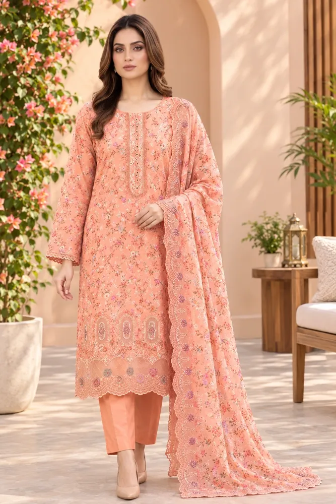 Salmon Pink Soft Cotton Digital Print Embroidered & Sequin Work 3-Piece Salwar Kameez