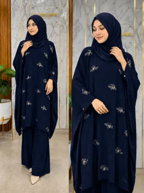 Navy Blue Casual Embroidered Kaftan Set – Premium CEY Fabric