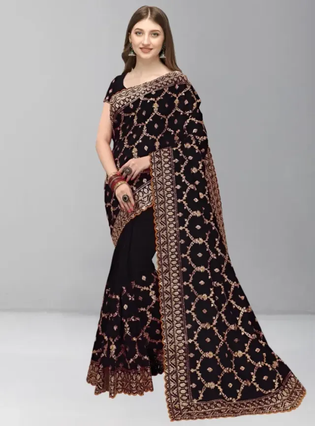 Elegant Black Georgette Saree with Golden Embroidery for Women - Shopemart 1