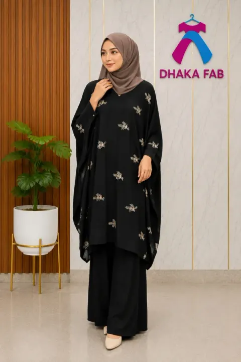 Black Casual Embroidered Kaftan Set – Premium CEY Fabric