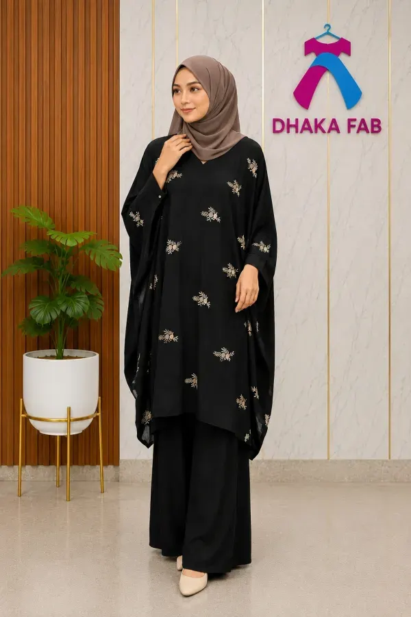 Black Casual Embroidered Kaftan Set – Premium CEY Fabric