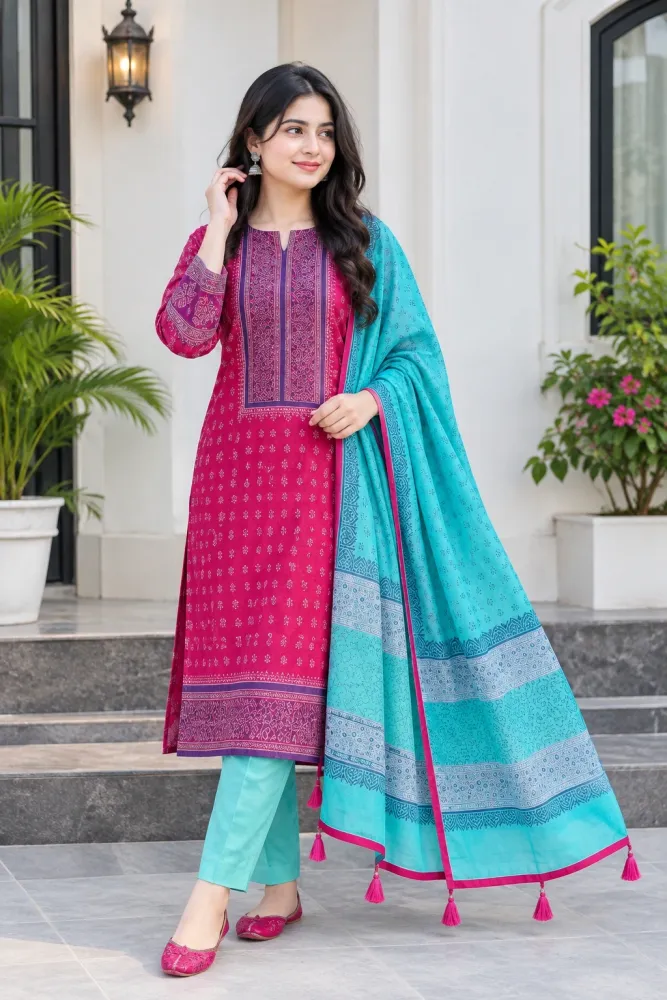 Magenta & Aqua Cotton Block Print 3-Piece Salwar Kameez