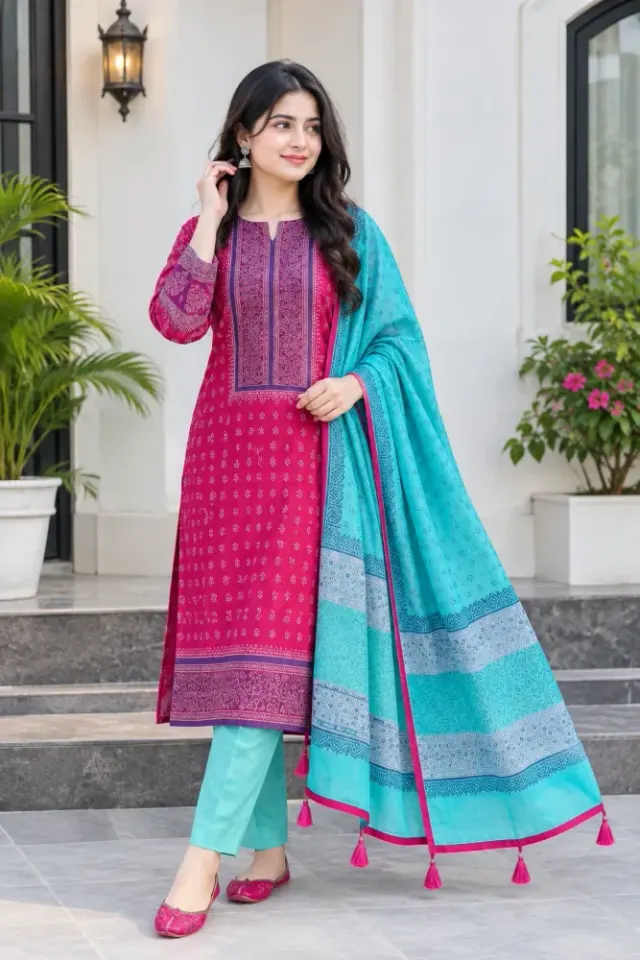 Magenta & Aqua Cotton Block Print 3-Piece Salwar Kameez