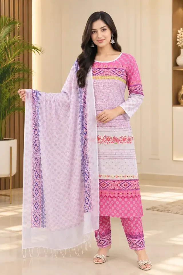 White & Pink Cotton Block Print Ready-Made 3-Piece Salwar Kameez
