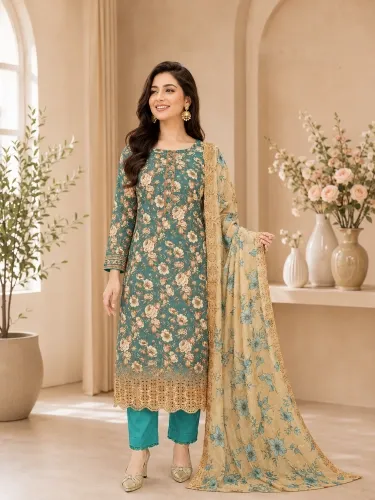 Teal Green Soft Cotton Digital Print Embroidered 3-Piece Salwar Kameez
