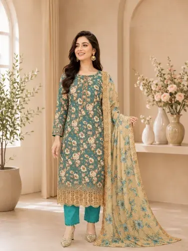 Teal Green Soft Cotton Digital Print Embroidered 3-Piece Salwar Kameez
