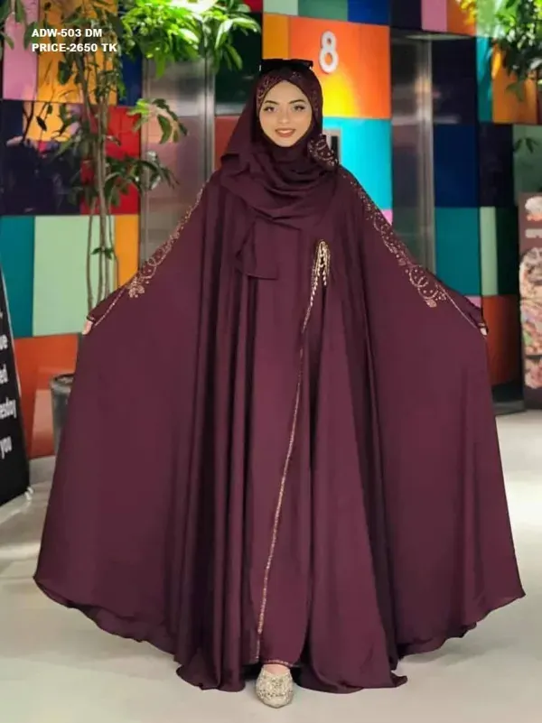 Maroon Premium Abaya Borka with DMC Stone & Pearl Work (Dubai Cherry Fabric)