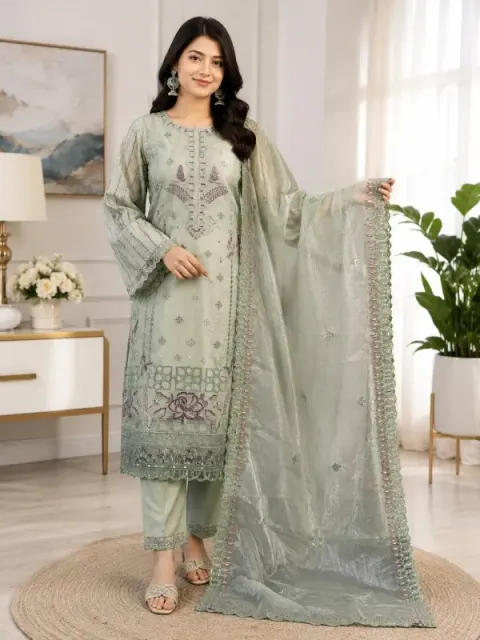 Lemon Premium Embroidered Jimmy Chu Georgette 4-Piece Set for Women