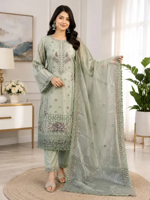 Lemon Premium Embroidered Jimmy Chu Georgette 4-Piece Set for Women