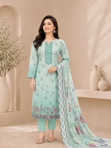 Aqua Soft Cotton Digital Print Embroidered 3-Piece Salwar Kameez