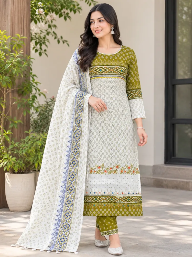 White & Olive Cotton Block Print Ready-Made 3-Piece Salwar Kameez