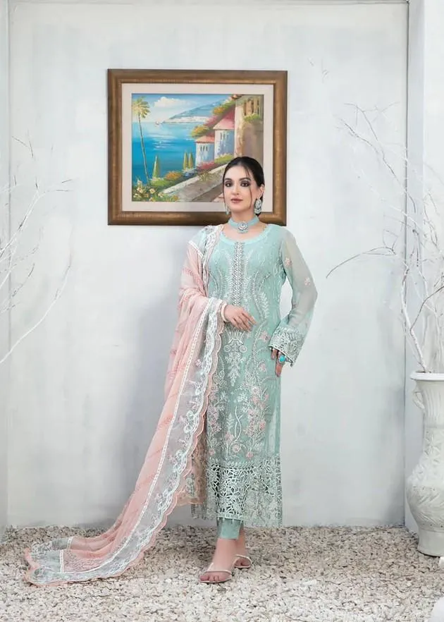Pakistani Majesty Ramsha Embroidered Chiffon Unstitched Three Piece - Neptune - Shopemart 1