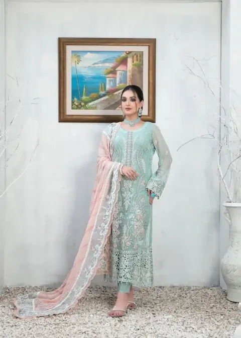 Pakistani Majesty Ramsha Embroidered Chiffon Unstitched Three Piece - Neptune - Shopemart 1