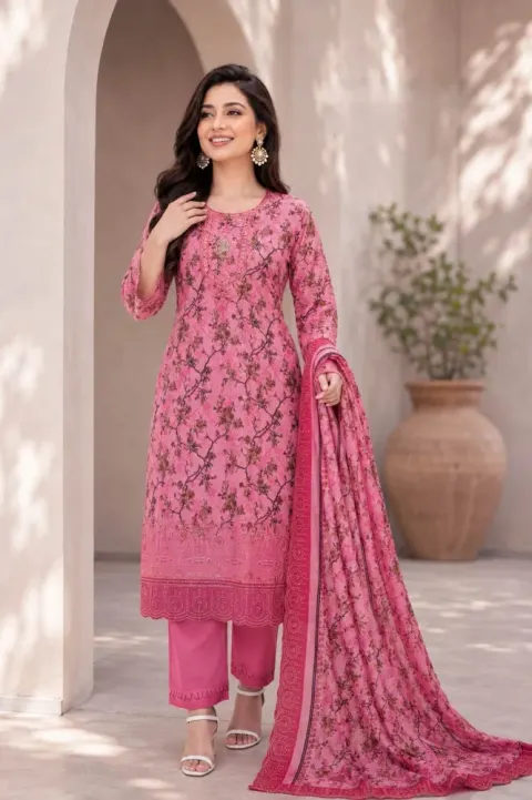 Rose Pink Soft Cotton Digital Print Embroidered & Sequin Work 3-Piece Salwar Kameez