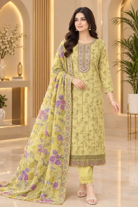 Lime Green Soft Cotton Digital Print Embroidered & Sequin Work 3-Piece Salwar Kameez
