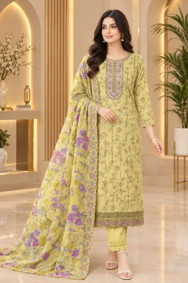 Lime Green Soft Cotton Digital Print Embroidered & Sequin Work 3-Piece Salwar Kameez