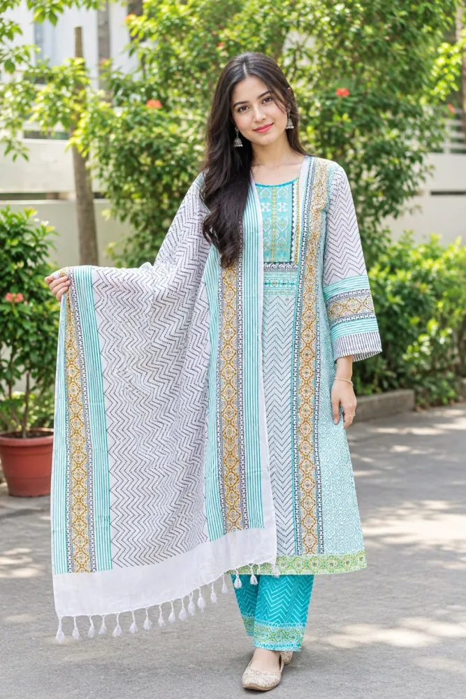 White & Aqua Cotton Block Print Ready-Made 3-Piece Salwar Kameez