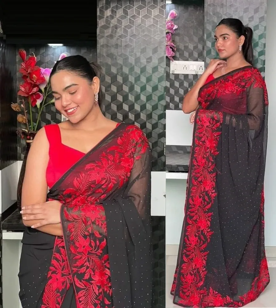 Elegant Black & Red Embroidered Saree – Timeless Beauty for Every Occasion - Shopemart 1
