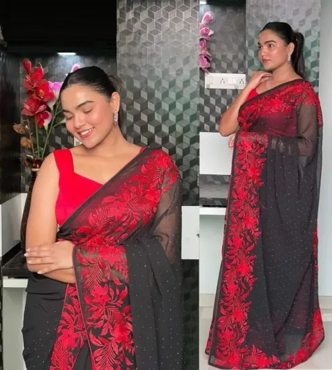 Elegant Black & Red Embroidered Saree – Timeless Beauty for Every Occasion - Shopemart 1