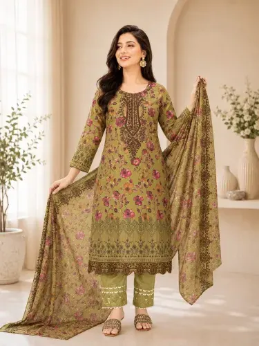 Olive Green Soft Cotton Digital Print Embroidered & Sequin Work 3-Piece Salwar Kameez