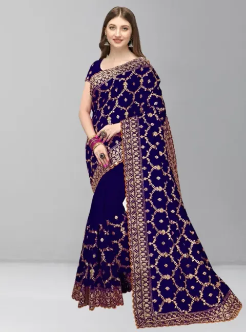 Elegant Blue Weightless Georgette Saree with Intricate Golden Embroidery - Shopemart 1