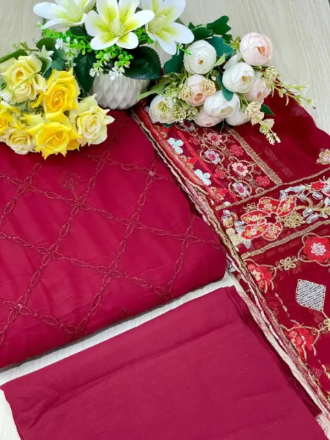 Crimson Red Embroidered Georgette Semi-Stitched Salwar Suit