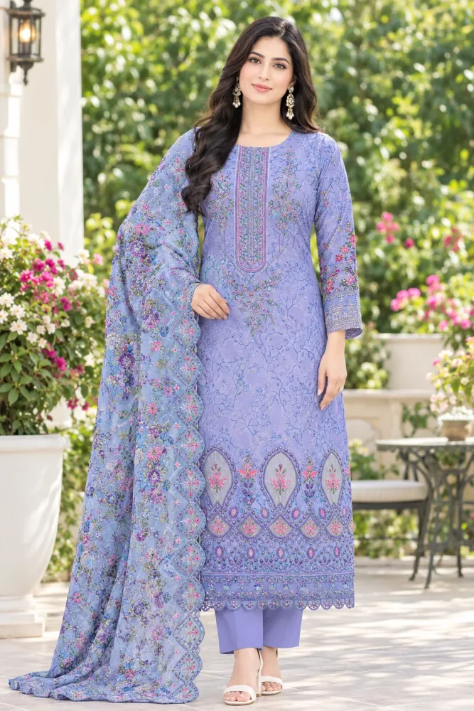 Periwinkle Blue Soft Cotton Digital Print Embroidered 3-Piece Salwar Kameez