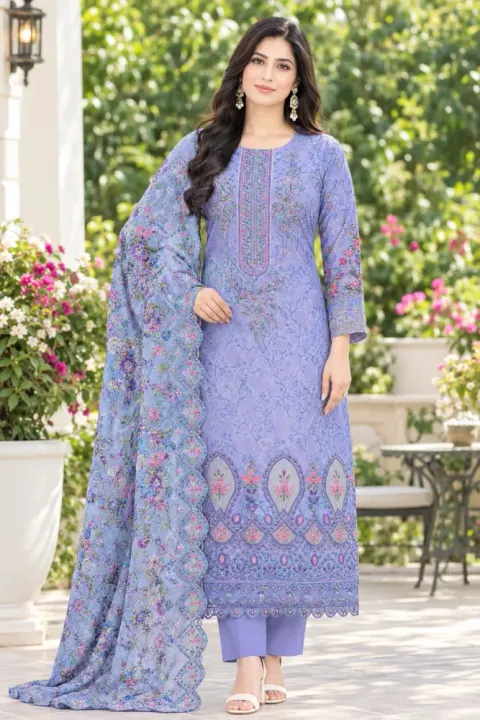 Periwinkle Blue Soft Cotton Digital Print Embroidered 3-Piece Salwar Kameez