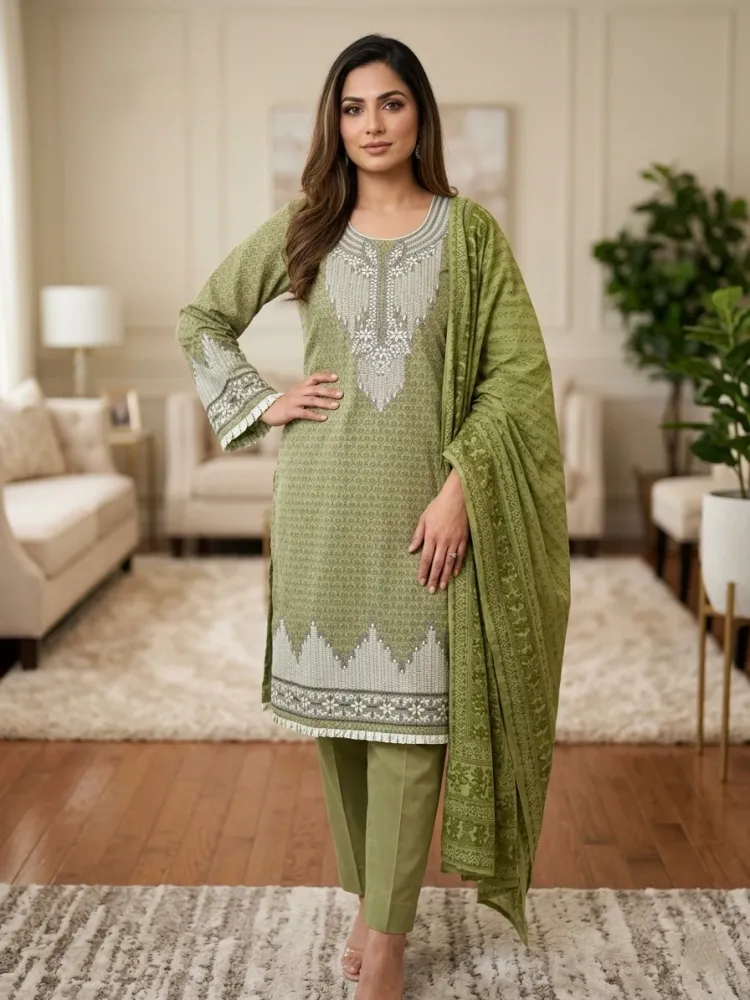 Olive Green Soft Cotton Digital Print Embroidered & Sequin Work 3-Piece Salwar Kameez