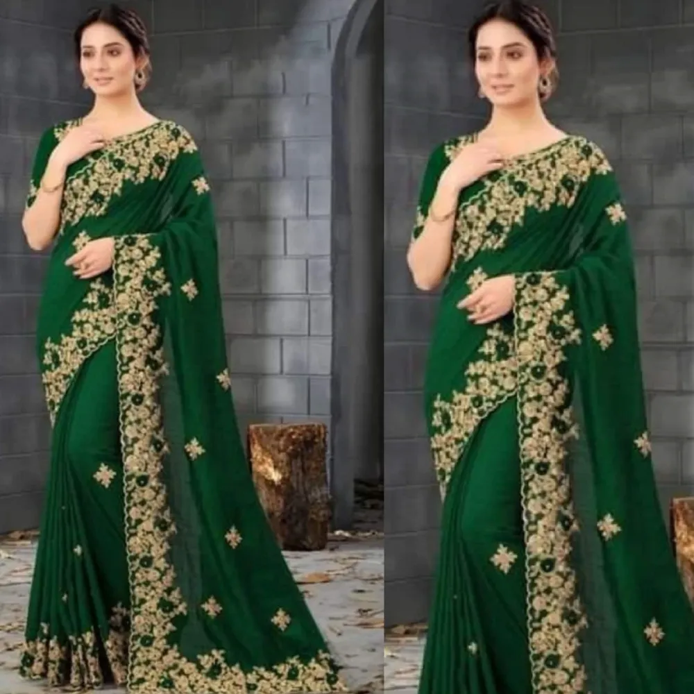Green Georgette Saree with Golden Embroidery work