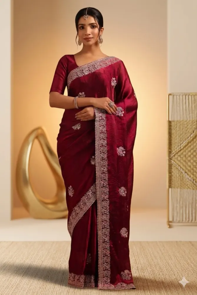 Royal Embroidered Pakistani Jimi Choo Saree with Solid Blouse Piece I - Shopemart 1