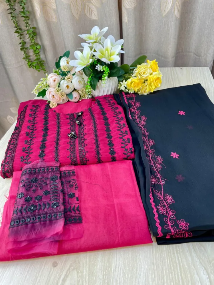 Hot Pink & Navy Embroidered Georgette Semi-Stitched Salwar Suit