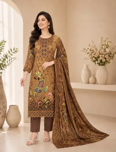 Olive Brown Soft Cotton Digital Print Embroidered 3-Piece Salwar Kameez