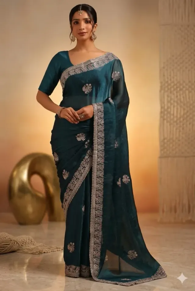 Royal Embroidered Pakistani Jimi Choo Saree with Solid Blouse Piece I - Shopemart 1