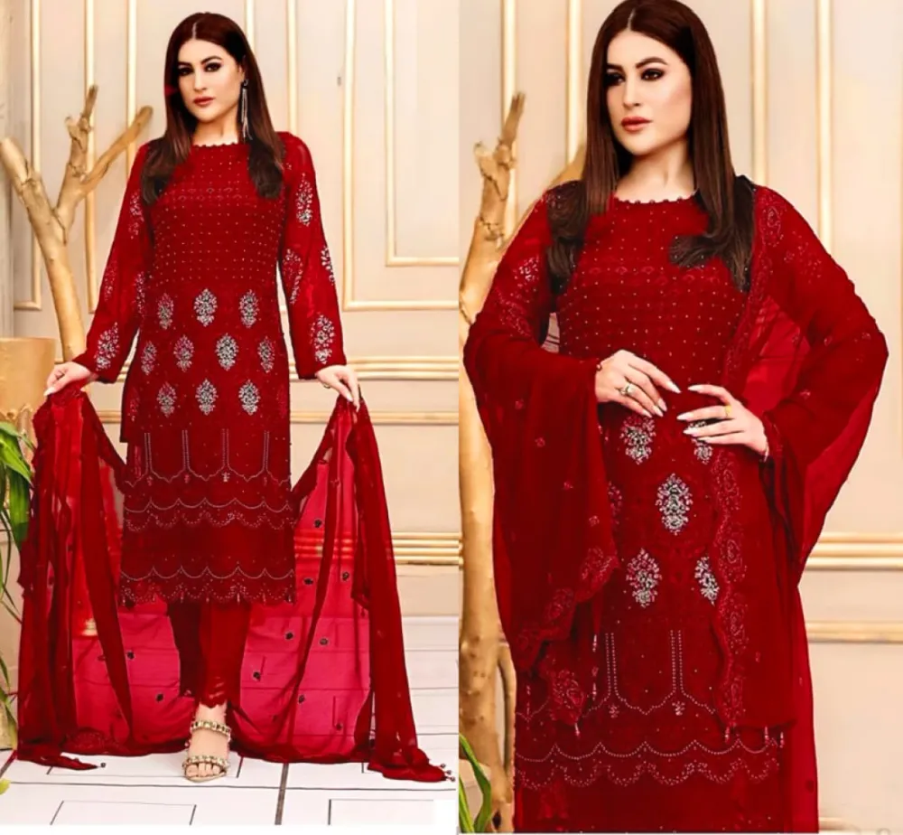 Red Embroidered Georgette Semi-Stitched Salwar Suit
