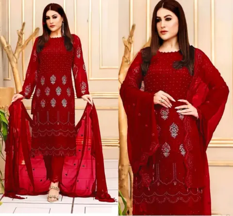 Red Embroidered Georgette Semi-Stitched Salwar Suit